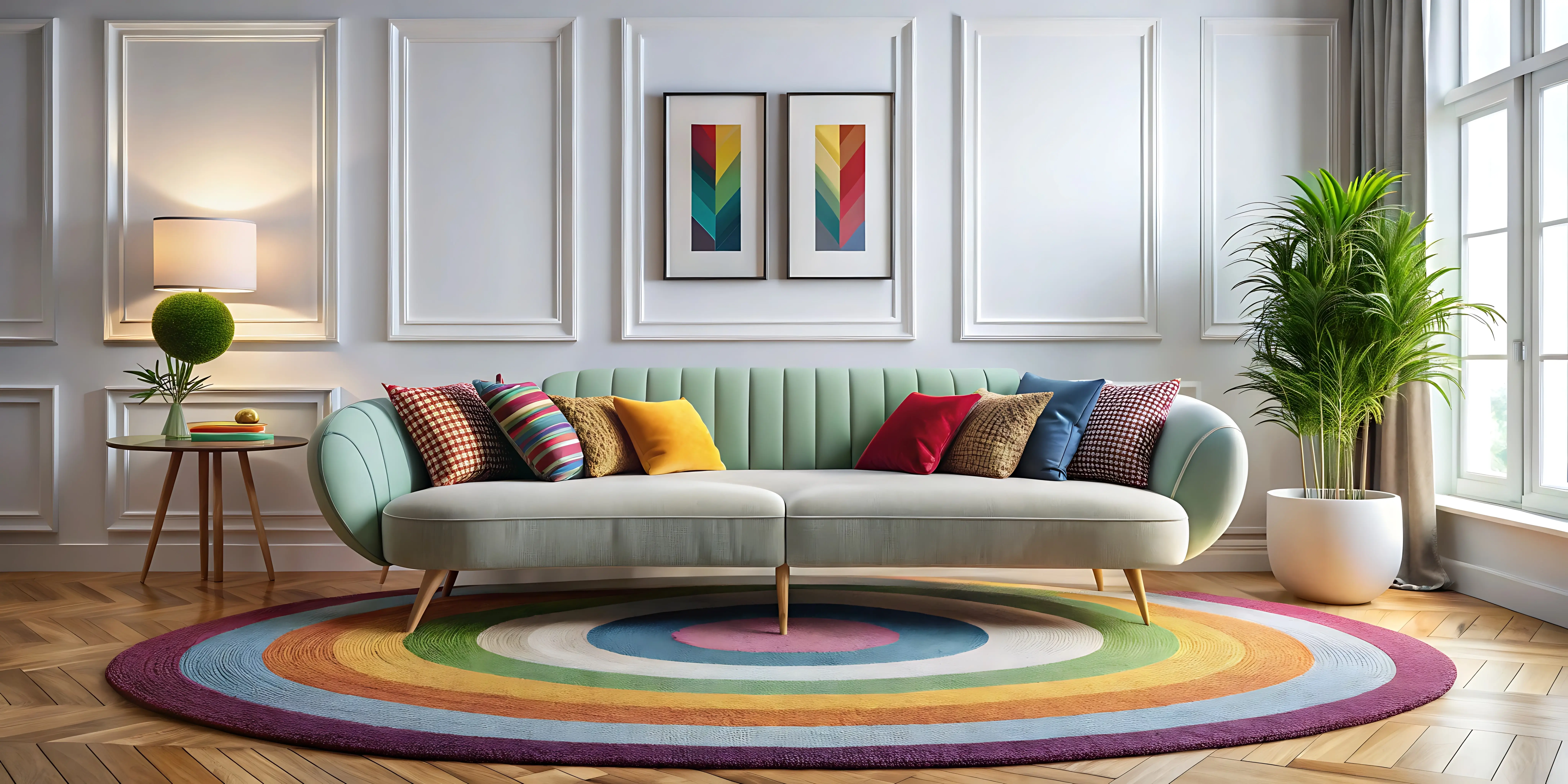 Art Deco-style living room with a pastel green sofa, colorful throw pillows, a round rainbow-patterned rug, vibrant geometric wall art, a side table with modern decor, and a potted palm by a large window.