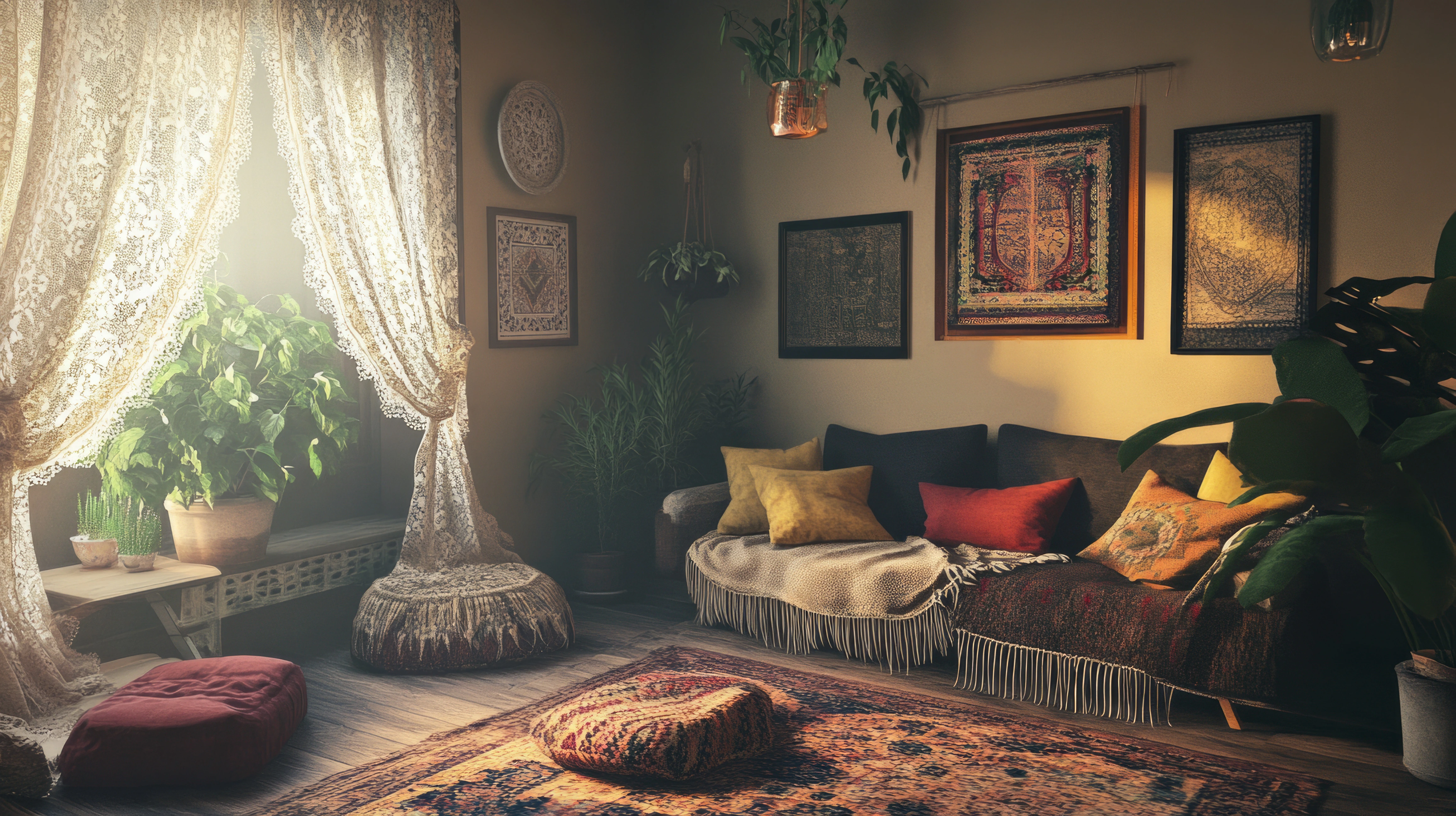 Bohemian-style living room with layered rugs, vibrant throw pillows, textured blankets, lace curtains, hanging plants, potted greenery, and framed wall art creating a cozy and eclectic ambiance.