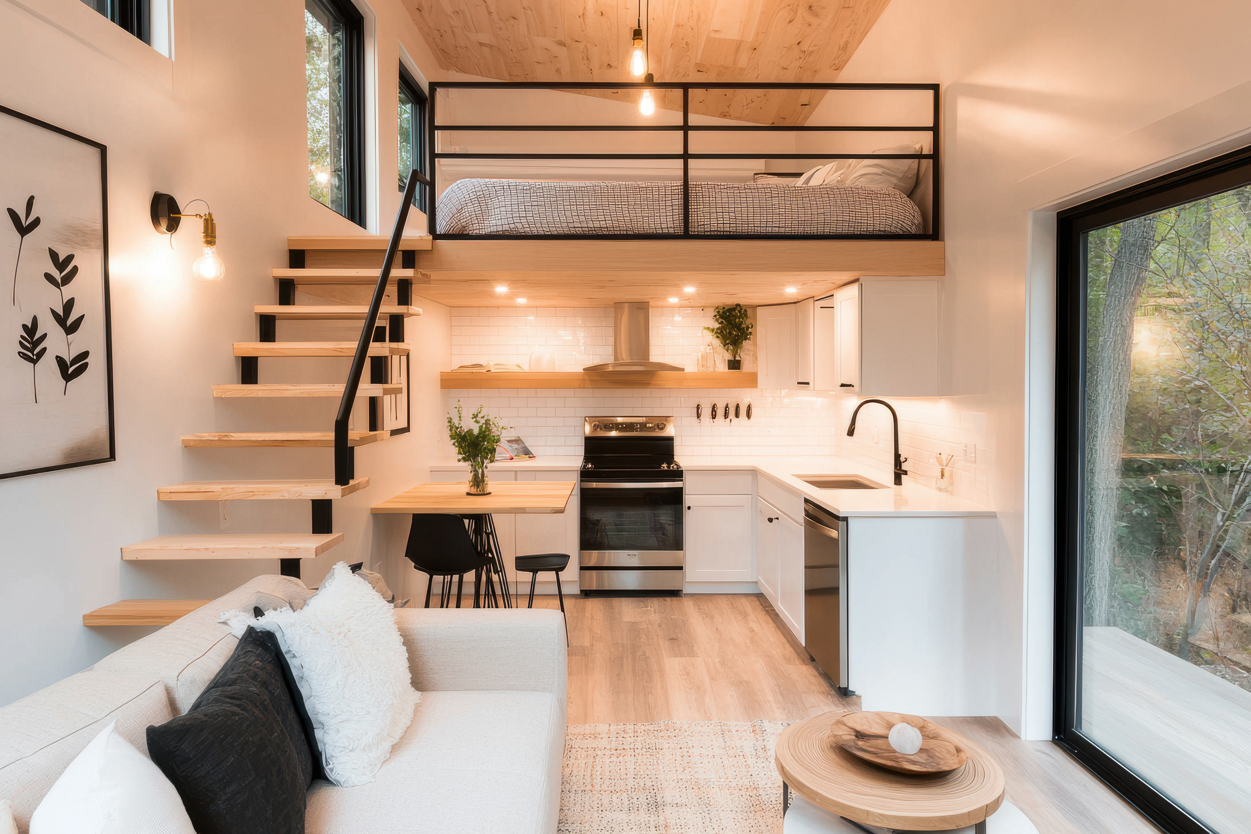 Contemporary tiny house interior with a lofted bed, wooden staircase, compact kitchen with white cabinets and subway tiles, dining area, and a cozy living space with large windows offering natural light.