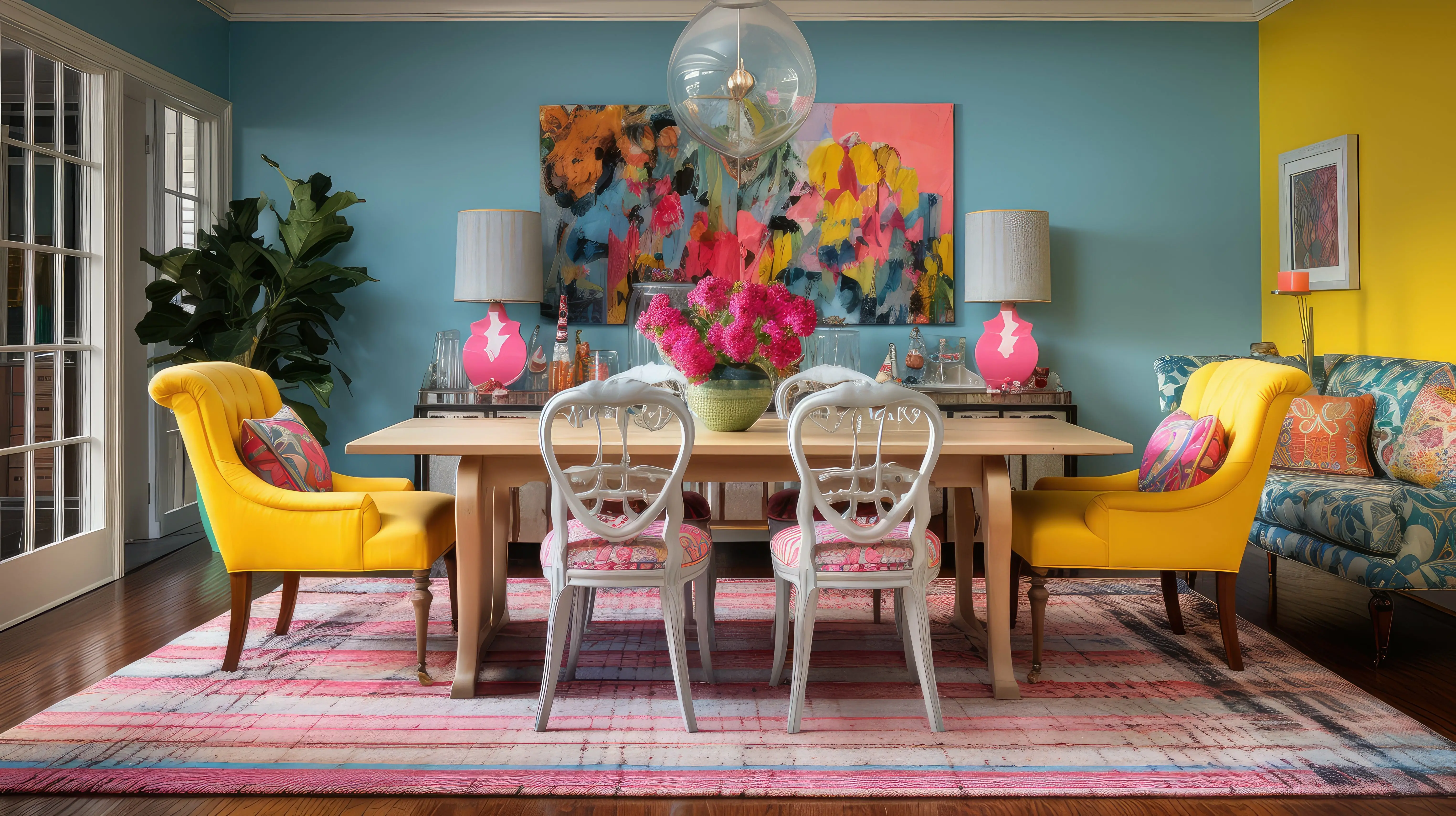 Eclectic dining room featuring a mix of vibrant colors, including yellow chairs, a colorful abstract painting, a patterned area rug, and a wooden dining table with unique white chairs. Bright walls in blue and yellow add to the lively ambiance.