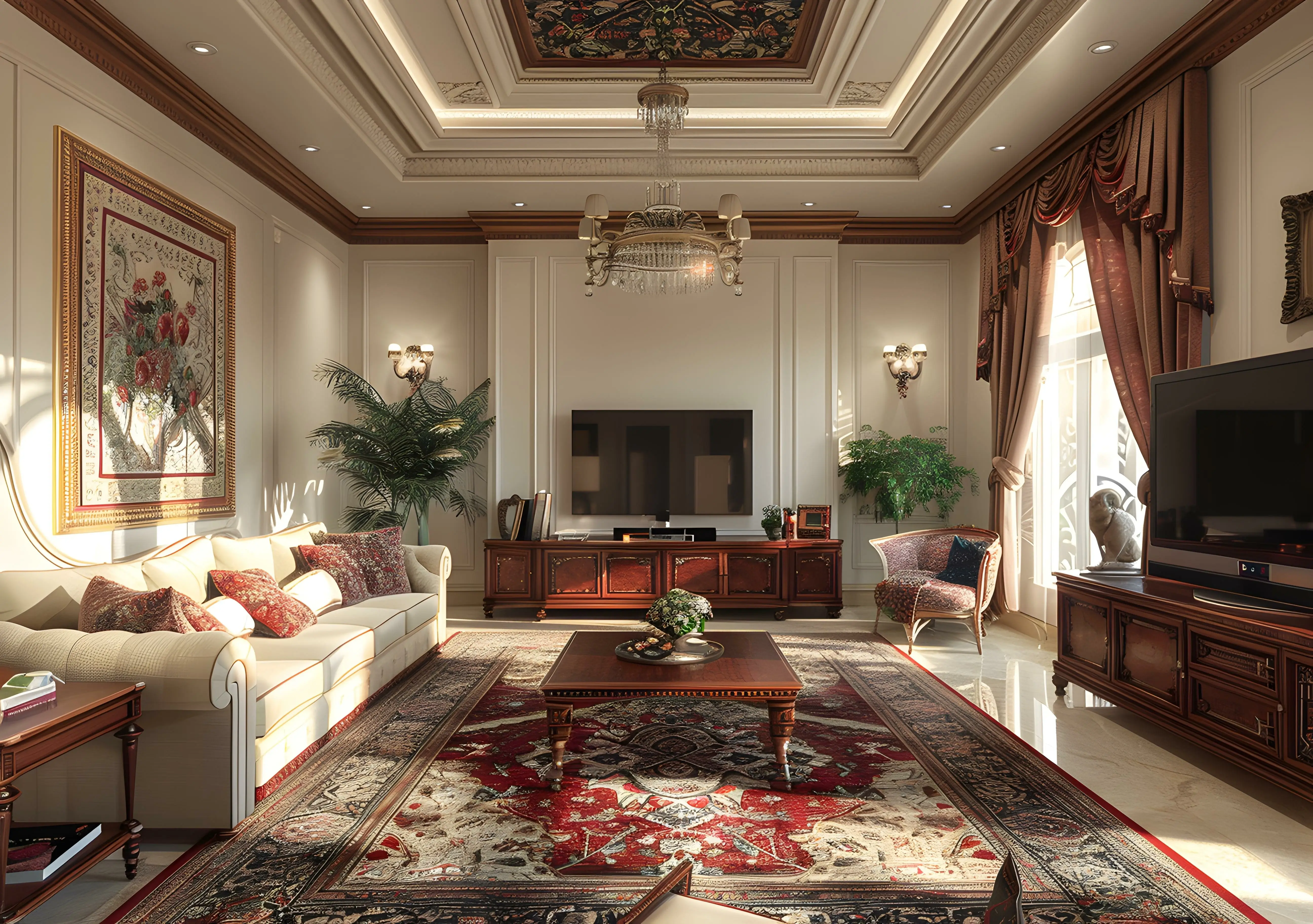 Elegant European-style living room featuring a cream sofa with patterned cushions, ornate wooden furniture, a red and beige Persian rug, intricate ceiling molding, a crystal chandelier, and large windows with luxurious drapery.