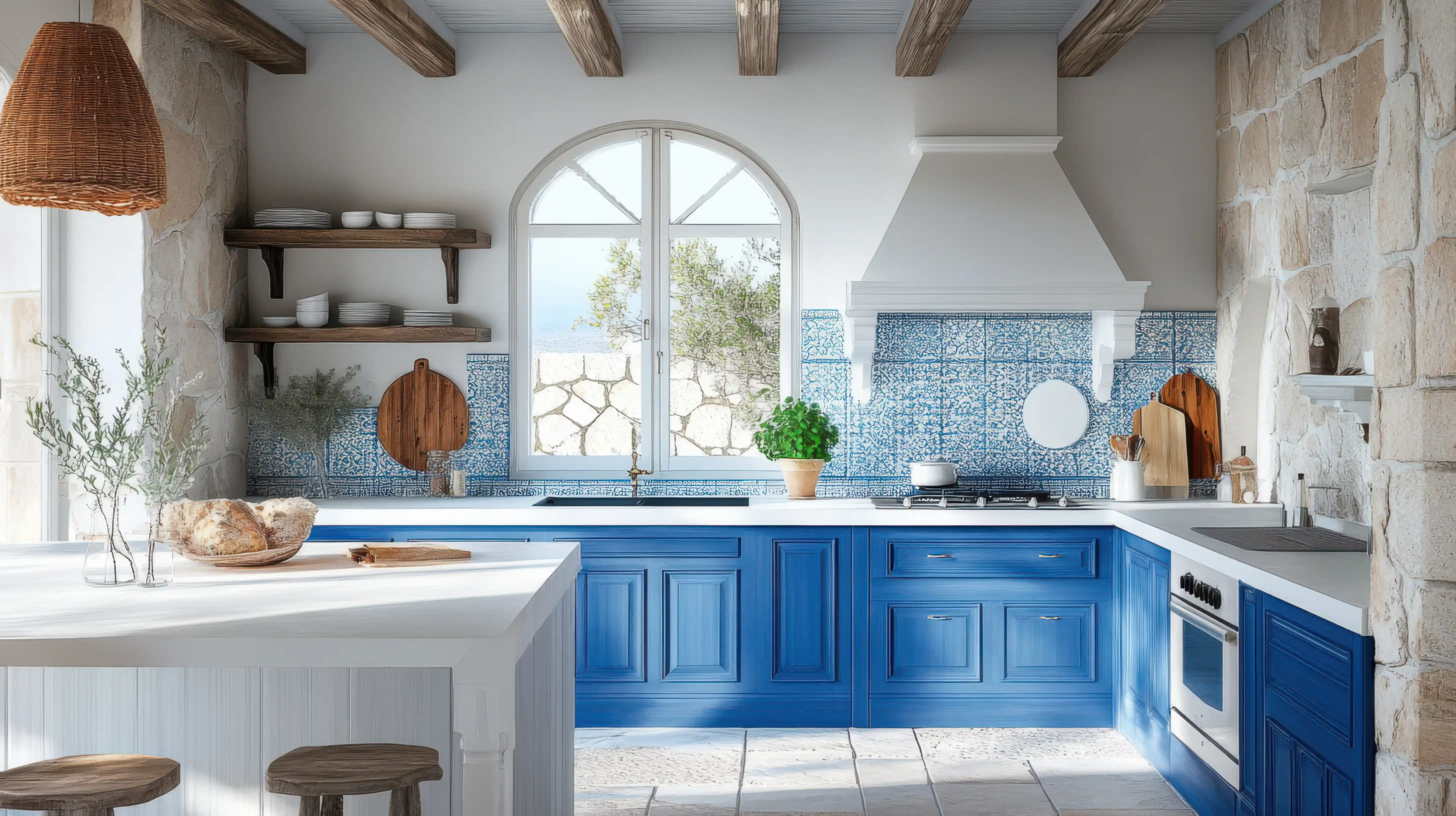 Mediterranean-style kitchen featuring vibrant blue cabinets, patterned backsplash tiles, wooden beams, stone walls, open shelving, and a large arched window with natural light and scenic outdoor views.