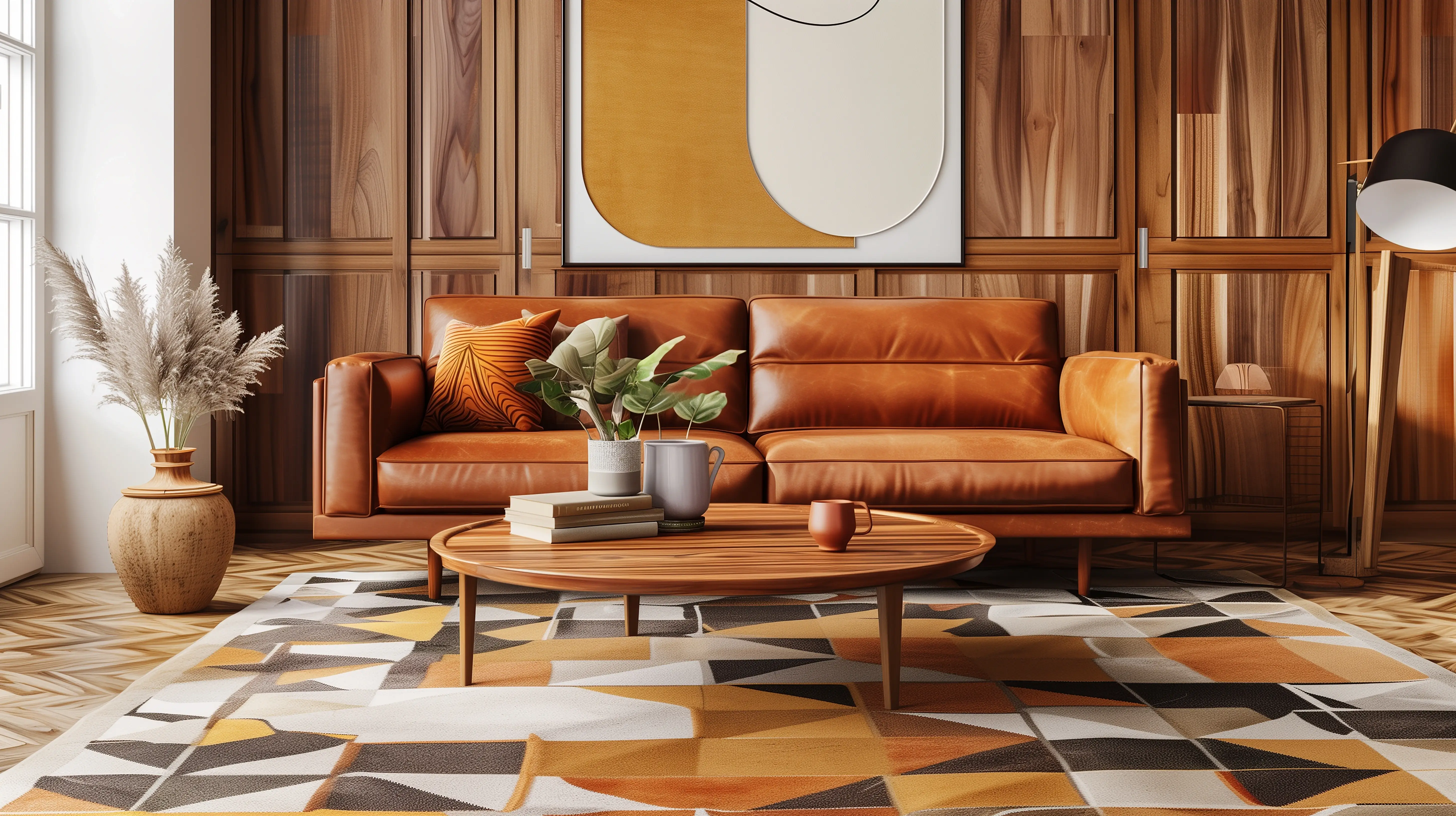Mid-century modern living room with a rich tan leather sofa, geometric patterned rug in warm tones, a round wooden coffee table, decorative pampas grass, and abstract wall art against a wood-paneled backdrop.