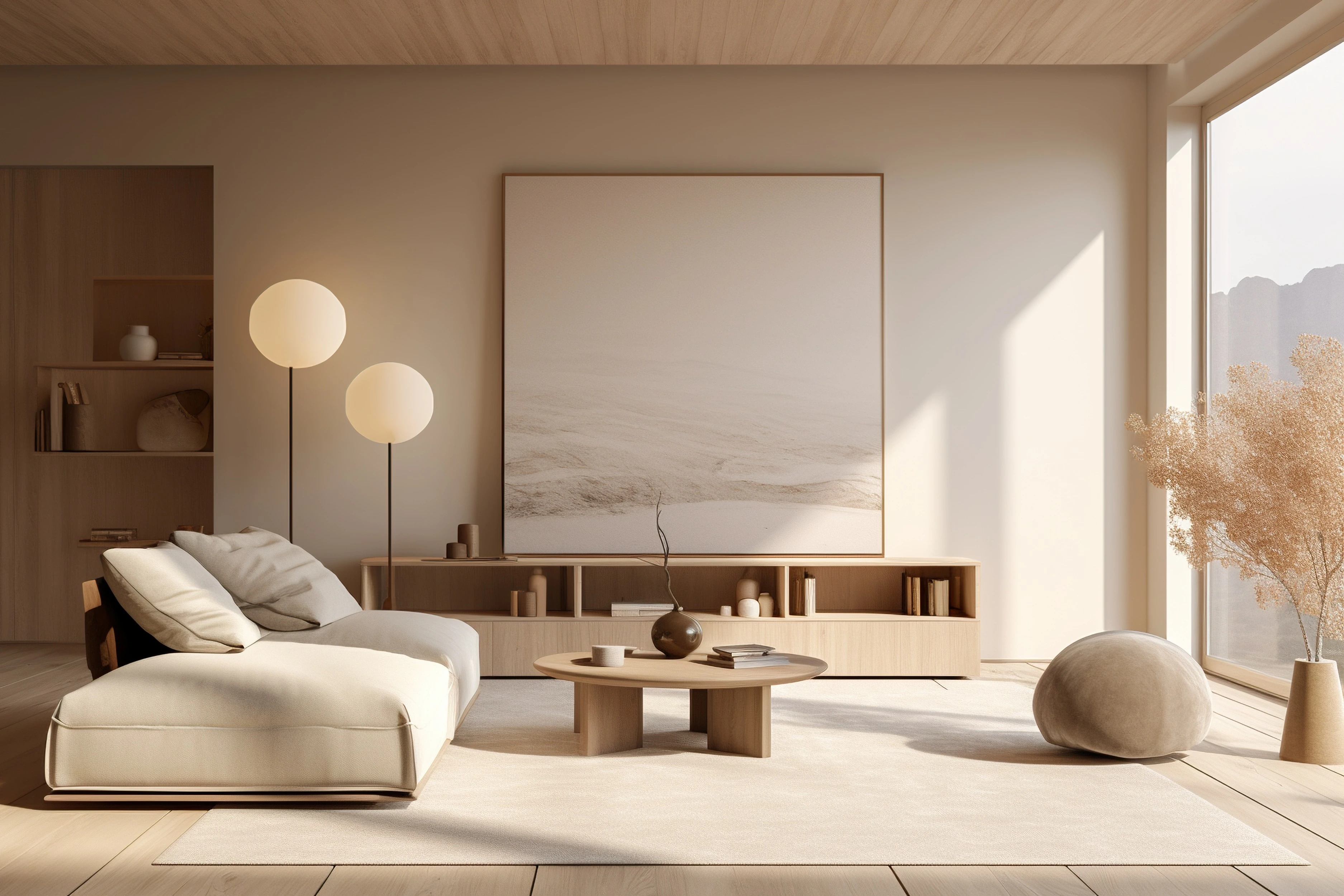 Minimalist living room with a neutral-toned chaise lounge, round wooden coffee table, abstract wall art, globe floor lamps, natural light, and simple decor elements for a serene ambiance.