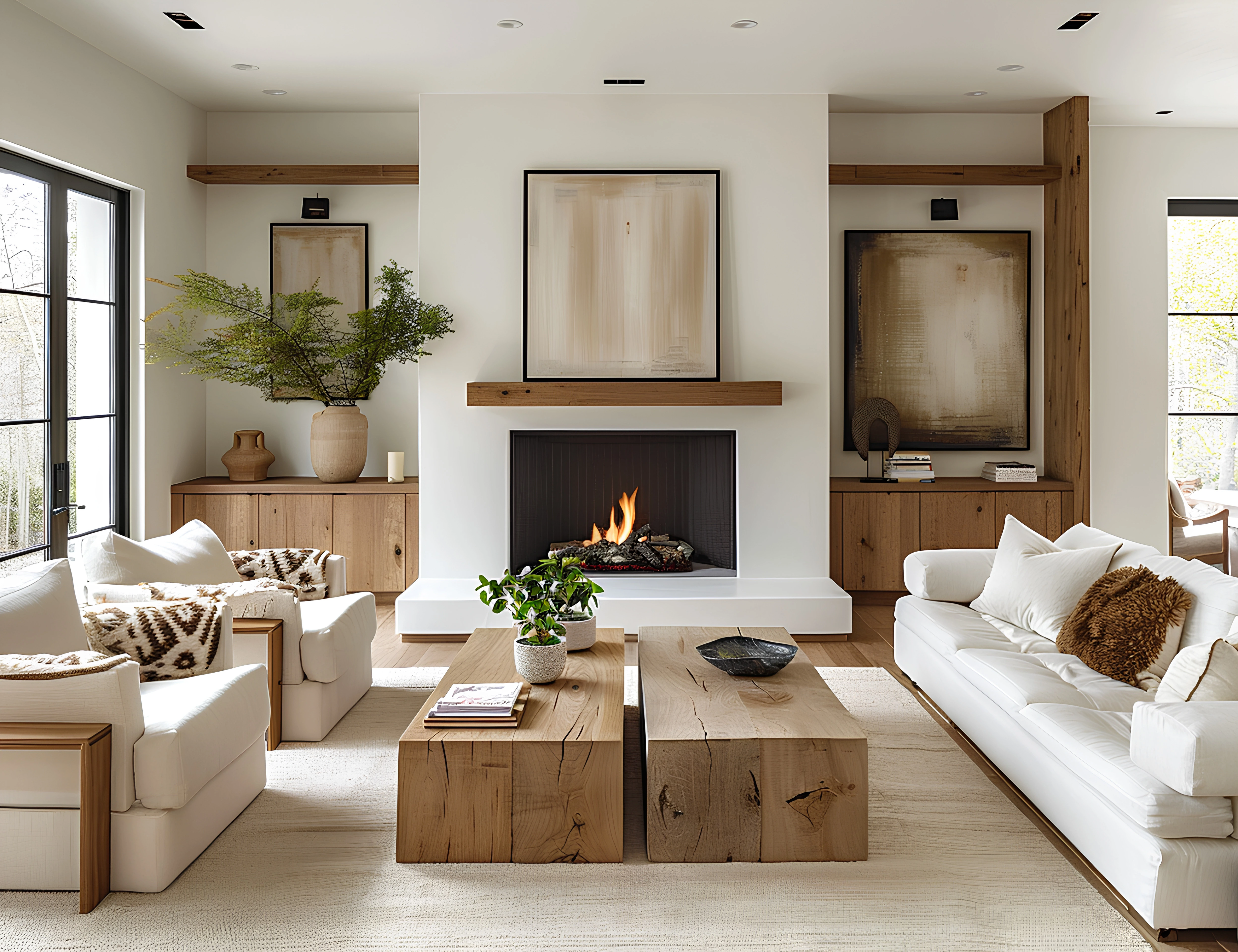 Scandinavian living room with minimalist design, featuring white sofas, a wooden coffee table, built-in cabinets, a central fireplace, large black-framed windows, and natural decor elements.