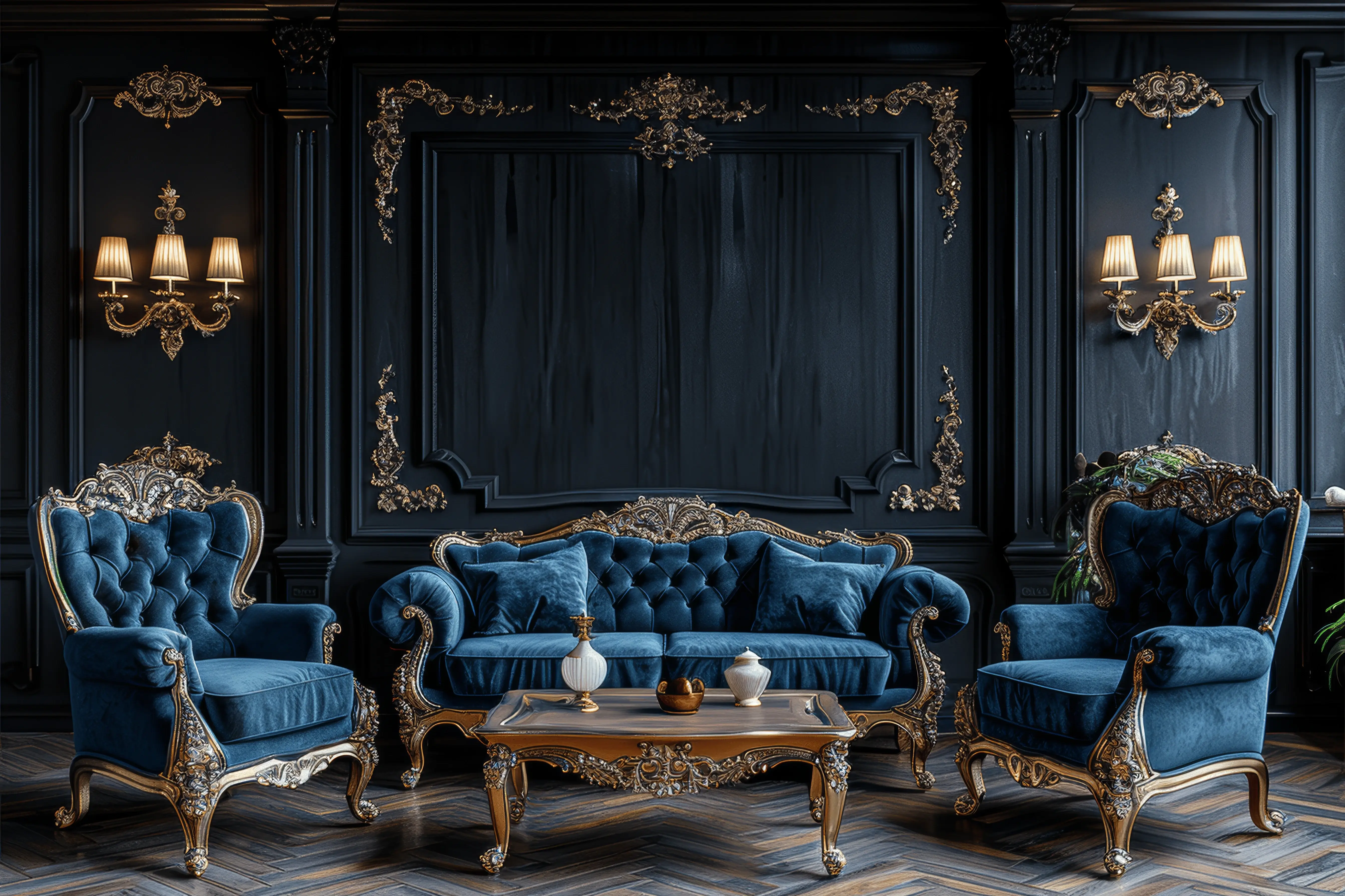 Victorian-style living room featuring deep blue tufted velvet furniture with ornate gold detailing, a polished wooden coffee table, dark paneled walls with intricate gold accents, and elegant wall sconces.